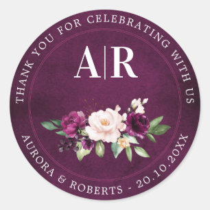 Purple Plum Blush Pink Roses Wedding Thank You Cla Classic Round Sticker