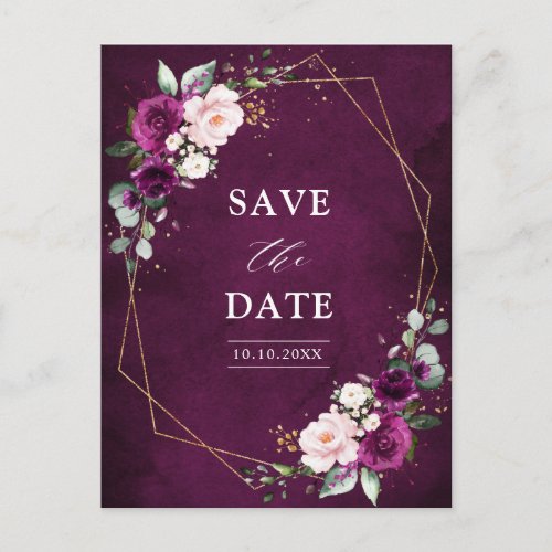 Purple Plum Blush Roses Geometric Save the Date Po Postcard