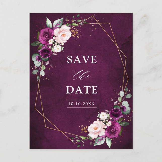 Purple Plum Blush Roses Geometric Save the Date Po Postcard (Front)
