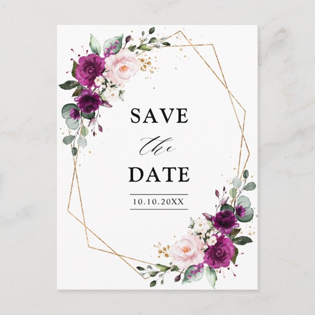 Purple Plum Blush Roses Geometric Save the Date Postcard (Front)