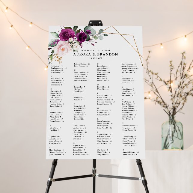 Purple Plum Blush Roses Geometric Seating  Chart Foam Board (In Situ (Stand))