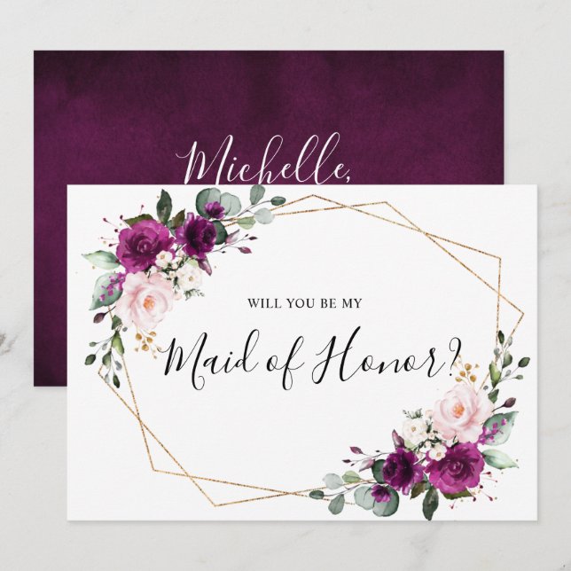 Purple Plum Blush Will You Be My Maid of Honor Invitation (Front/Back)