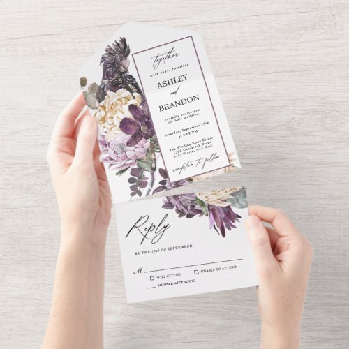 Purple Plum Boho Tropical Floral Wedding All In One Invitation