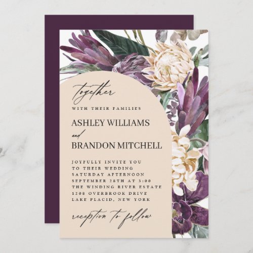 Purple Plum Boho Tropical Floral Wedding Invitation