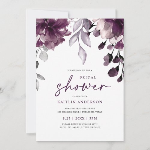 Purple Plum Bridal Shower Floral Greenery Foliage Invitation