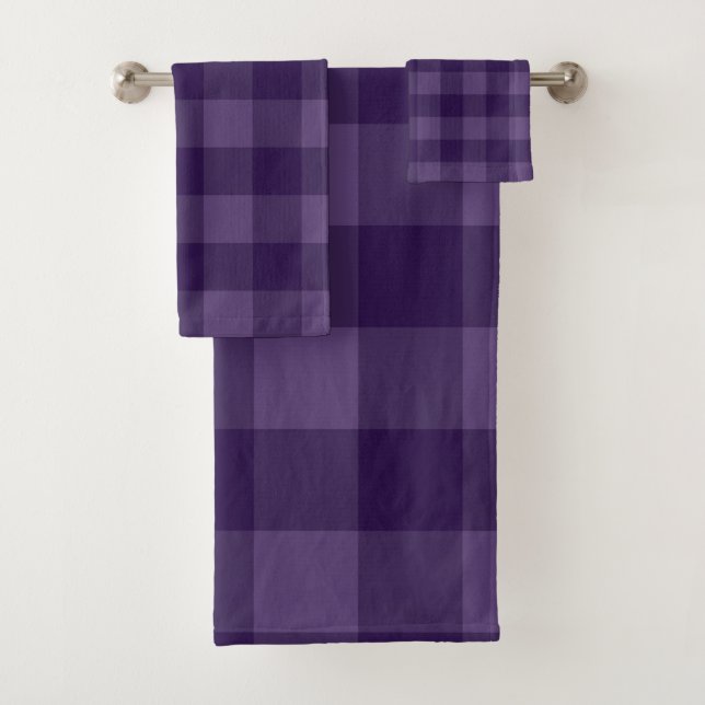 Purple Plum Checkered Squares Plaid Pattern Bath Towel Set (Insitu)