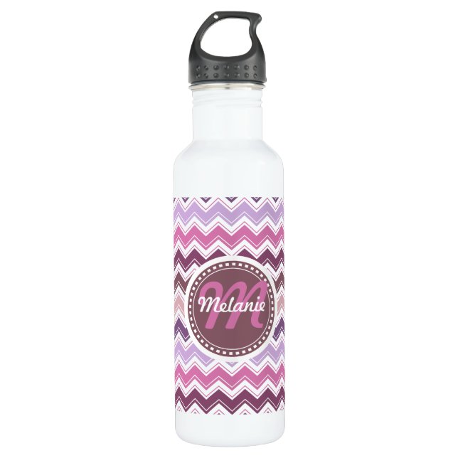 Purple Plum Chevron ZigZag Monogram Stainless Steel Water Bottle (Front)