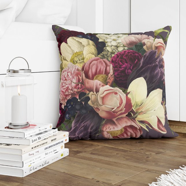 Purple plum cream and pink blush moody flowers throw pillow (Creator Uploaded)