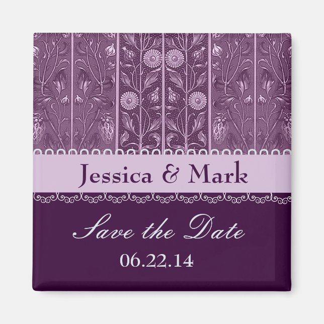 Purple Plum Damask Save Date Wedding Magnet (Front)