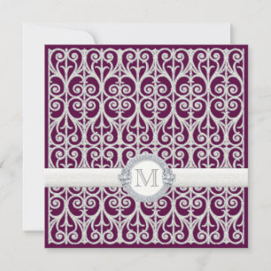 Purple Plum Diamonds & Lace, Monogrammed Wedding Invitation