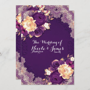 Purple Plum Elegant Lace Floral Country Wedding Invitation