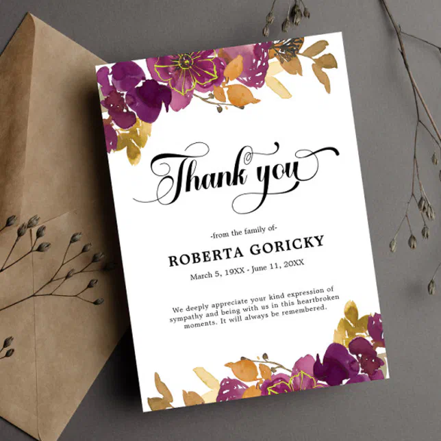 Purple Plum Floral Funeral Memorial Thank You Card | Zazzle