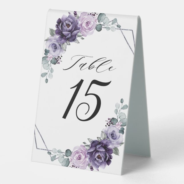 Purple Plum Floral Geometric Wedding Table Number  Table Tent (Back)