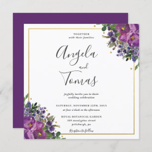 Purple Plum Floral Greenery Wedding Gold Square Invitation