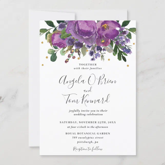 Purple Plum Floral Greenery Wedding Invitation | Zazzle