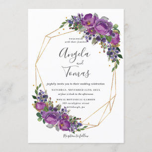 Purple Plum Floral Wedding Geometric Gold Frame Invitation