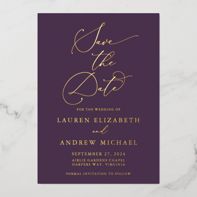 Purple Plum Gold Foil Minimalist Save the Date Invitation (Front)