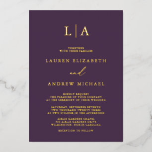 Purple Plum Gold Foil Monogram Minimalist Wedding Foil Invitation