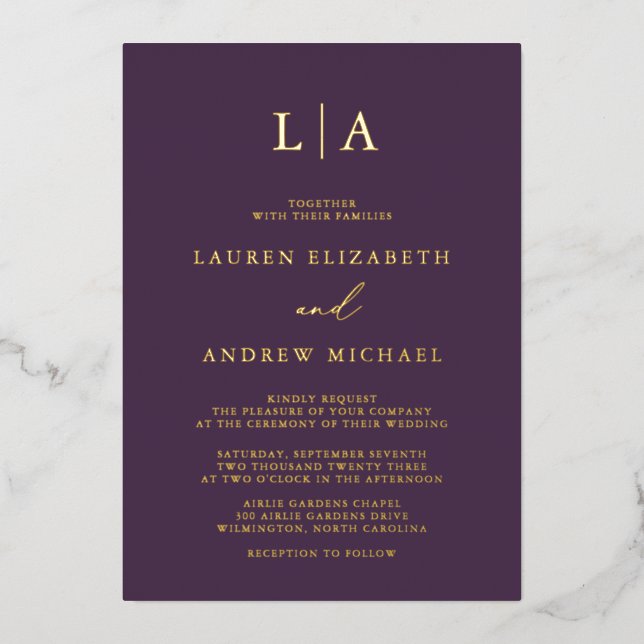 Purple Plum Gold Foil Monogram Minimalist Wedding Foil Invitation (Front)