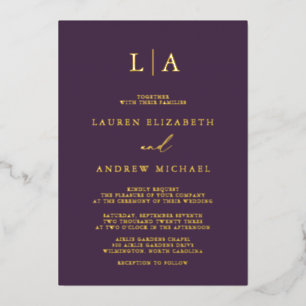 Purple Plum Gold Foil Monogram Minimalist Wedding Invitation