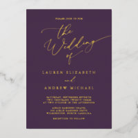 Purple Plum Gold Foil Monogram Minimalist Wedding