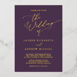 Purple Plum Gold Foil Monogram Minimalist Wedding Invitation