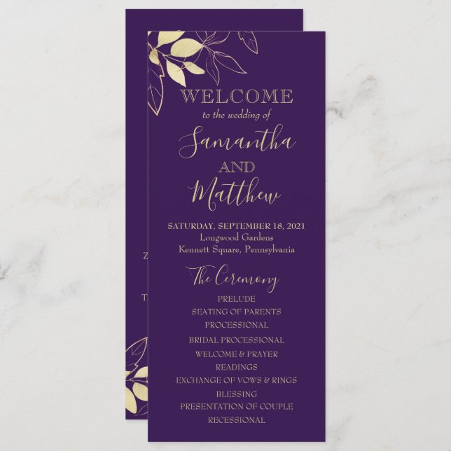 Purple Plum & Gold Foliage Botanical Wedding Program (Front/Back)