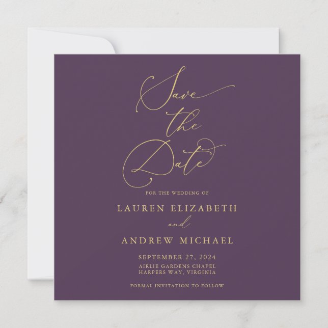 Purple Plum Gold Minimalist Save the Date Square Invitation (Front)