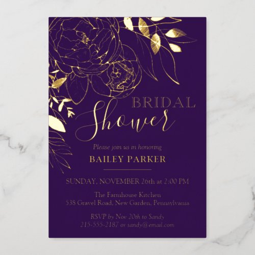 Purple Plum  Gold Modern Floral Bridal Shower Foil Invitation