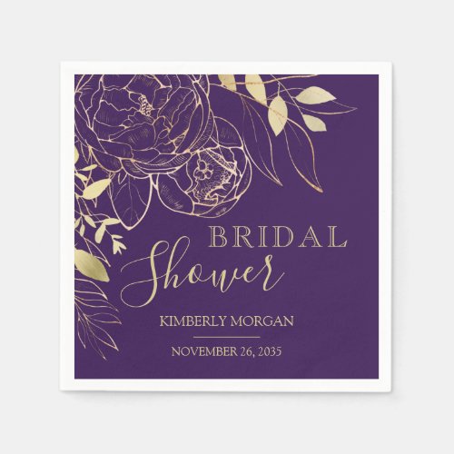 Purple Plum  Gold Modern Floral Bridal Shower Nap Napkins