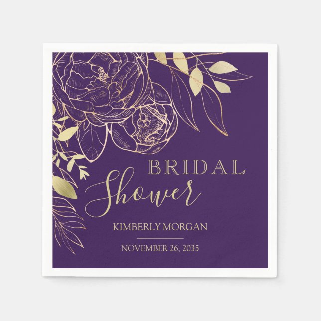 Purple Plum & Gold Modern Floral Bridal Shower Nap Napkins (Front)