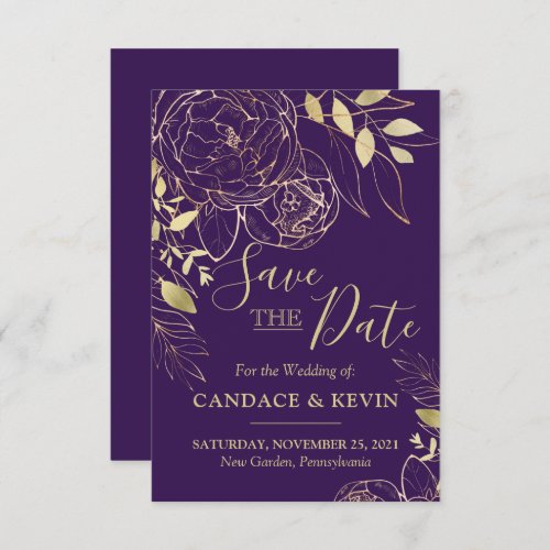 Purple Plum  Gold Peony Modern Floral Wedding Save The Date