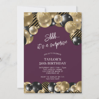 Purple Plum Gold Surprise 50th Birthday Invitation