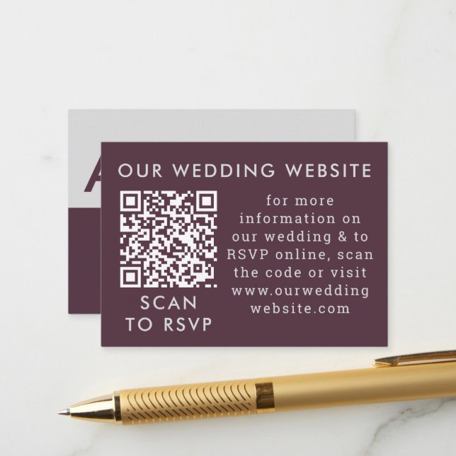 Purple Plum & Gray Wedding Web QR Code Enclosure Card (Front/Back In Situ)