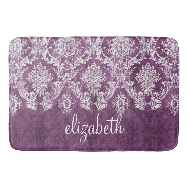 Purple Plum Grunge Damask Pattern with Name Bathroom Mat (Front)