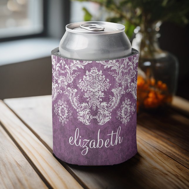 Purple Plum Grunge Damask Pattern with Name Can Cooler (Personalized can cooler with a place to add a name or other custom text)