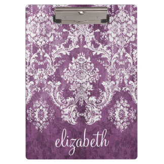 Purple Plum Grunge Damask Pattern with Name Clipboard