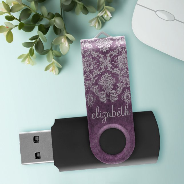 Purple Plum Grunge Damask Pattern with Name Flash Drive (Personalized USB Flash Drive)