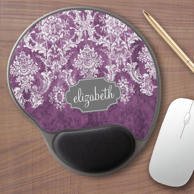 Purple Plum Grunge Damask Pattern with Name Gel Mouse Pad (Personalized girly mousepad with shabby chic design and custom name)