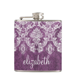 Purple Plum Grunge Damask Pattern with Name Hip Flask
