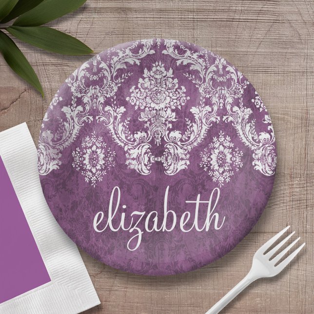 Purple Plum Grunge Damask Pattern with Name Paper Plates (Personalized birthday party plate with area for name)