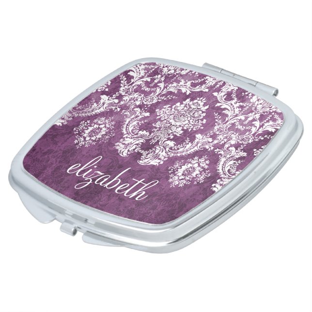 Purple Plum Grunge Damask Pattern with Name Vanity Mirror (Turned)
