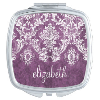 Purple Plum Grunge Damask Pattern with Name Vanity Mirror