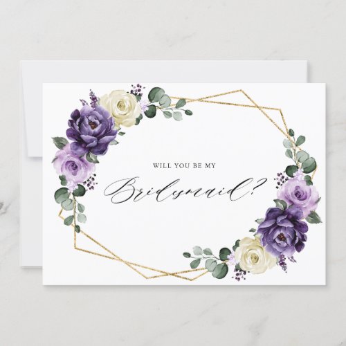 Purple Plum Ivory Gold Floral Bridesmaid Proposal Invitation