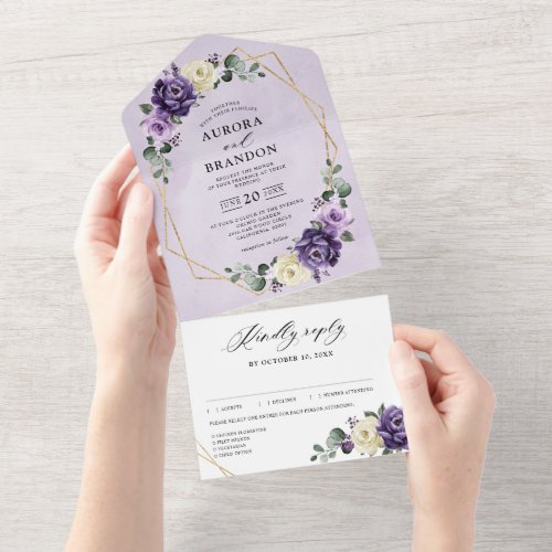 Purple Plum Ivory Gold Floral Geometric Wedding Al All In One Invitation