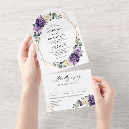 Purple Plum Ivory Gold Floral Geometric Wedding All In One Invitation
