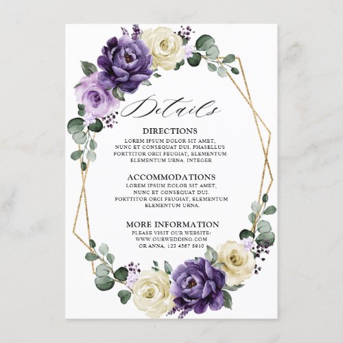 Purple Plum Ivory Gold Floral Geometric Wedding    Enclosure Card