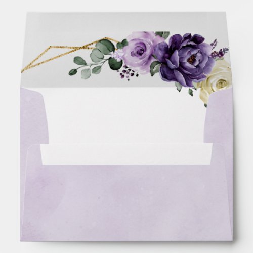 Purple Plum Ivory Gold Floral Geometric Wedding Envelope
