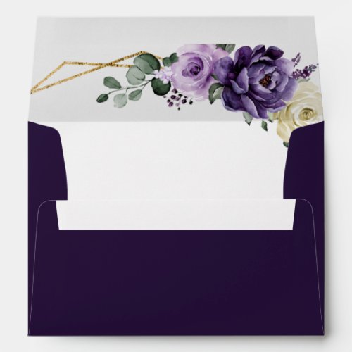 Purple Plum Ivory Gold Floral Geometric Wedding Envelope