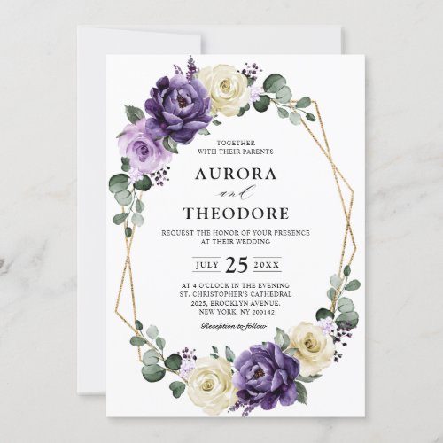 Purple Plum Ivory Gold Floral Geometric Wedding Invitation